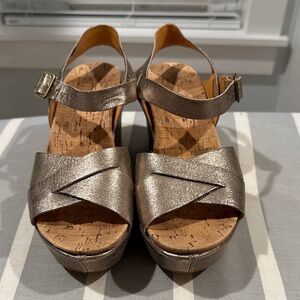 Kork-Ease Metallic Pewter Cork Wedge Sandals